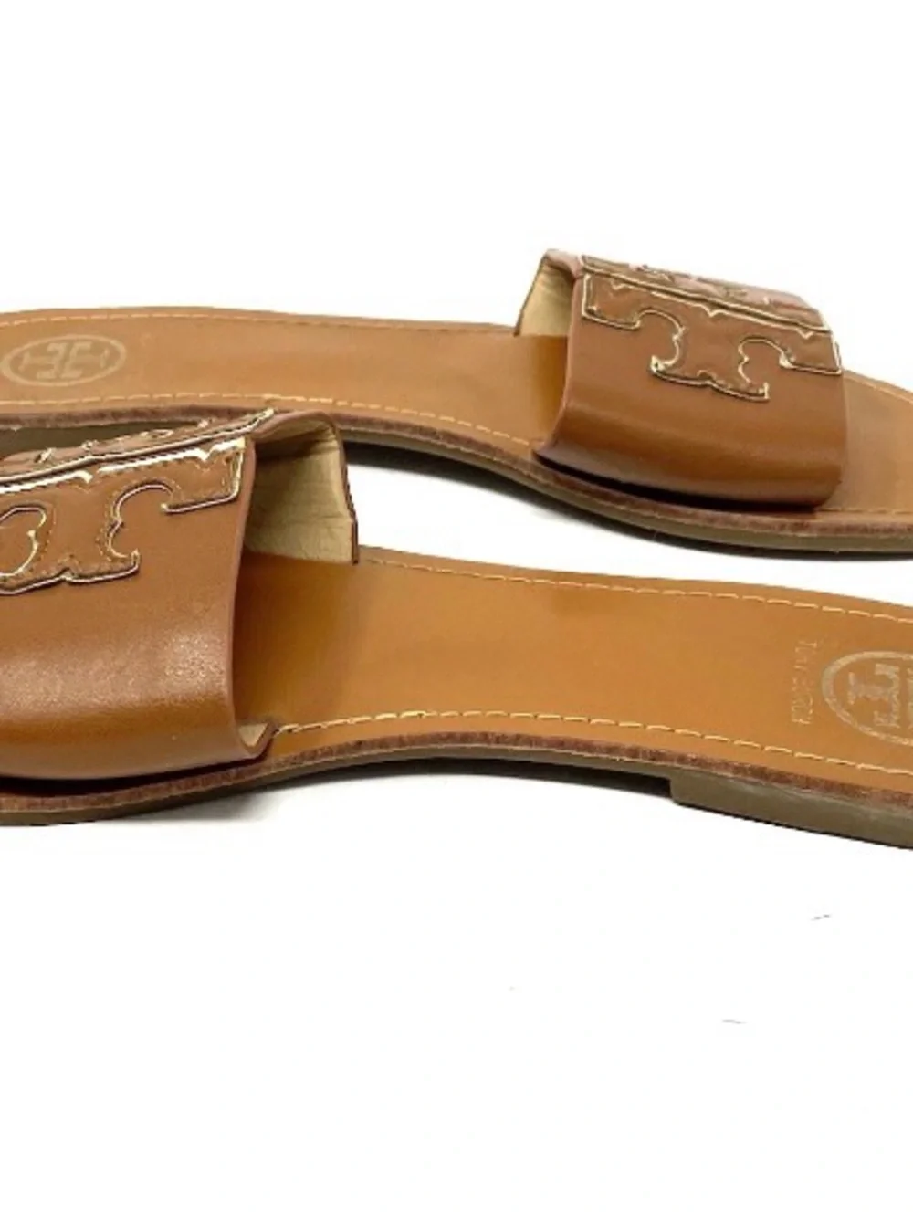 Tory Burch Ines Large Logo Slide Leather Flat Sandals Brown Gold EUR 40 / US 10